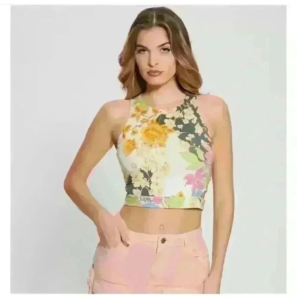 Women's Cropped Hawaiian Print Guess Tank Top, “Eco Shayna Cutout Crop Top”, Siz - Picture 2 of 11